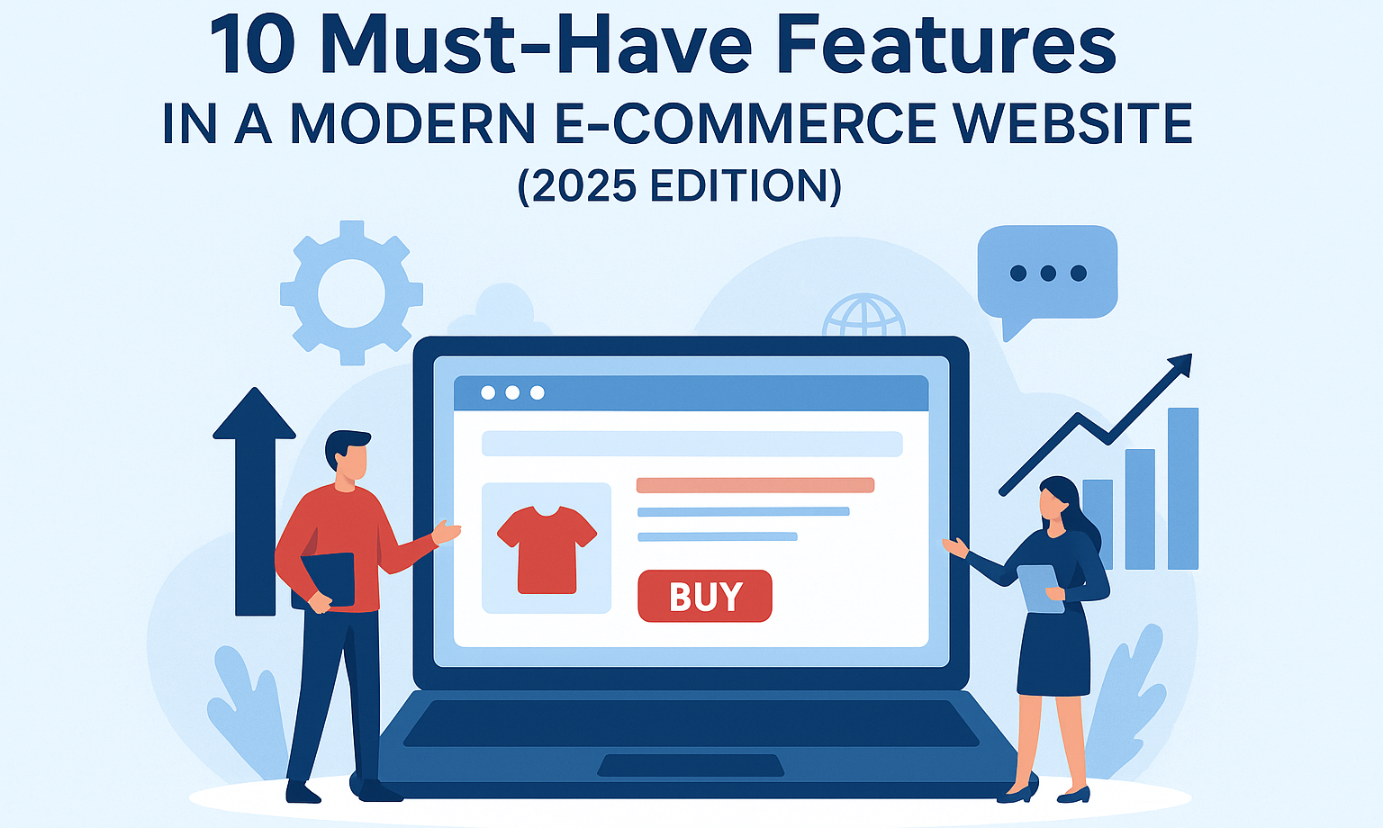 Modern e-commerce website illustration showing key features like mobile-first design, AI recommendations, fast checkout, and SEO optimization in 2025.